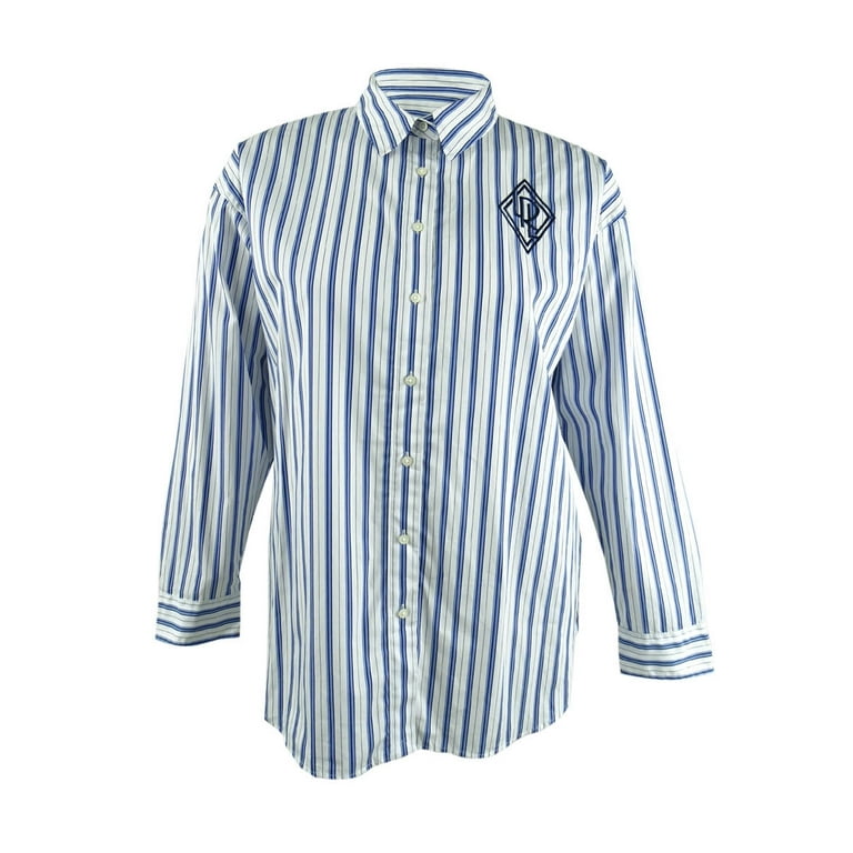 Lauren Ralph Lauren Women's Striped Logo Broadcloth Shirt (XL, Blue/White)