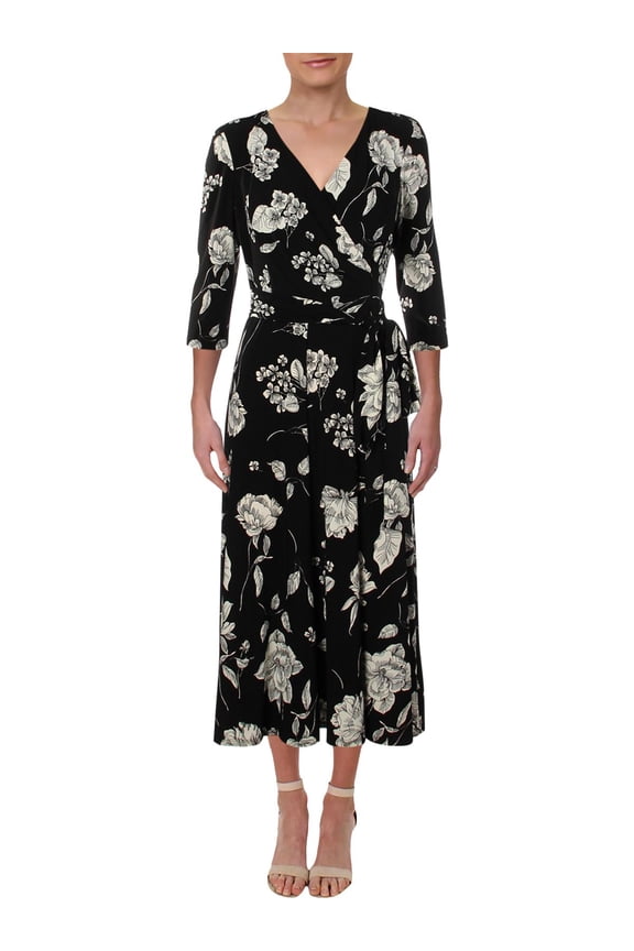 Lauren Ralph Lauren Womens Carlyn Floral Print Wear to Work Dress Black-Ivory 16