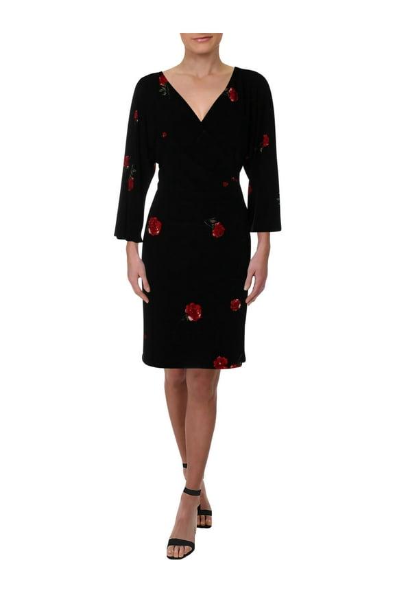 Womens Floral Print V-Neck Mini Dress Black 4