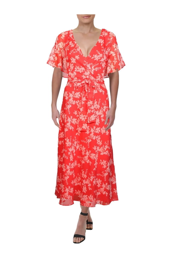 Womens Georgette Floral Print Tie Front Midi Dress Red 14