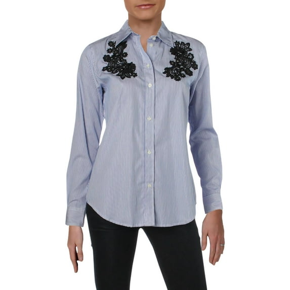 Lauren Ralph Lauren Womens Jamelko Lace-Patch Floral Print Button-Down Top