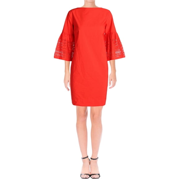 Lauren Ralph Lauren Womens Kadijah Laser Cut Bell Sleeves Cocktail Dress Red 8