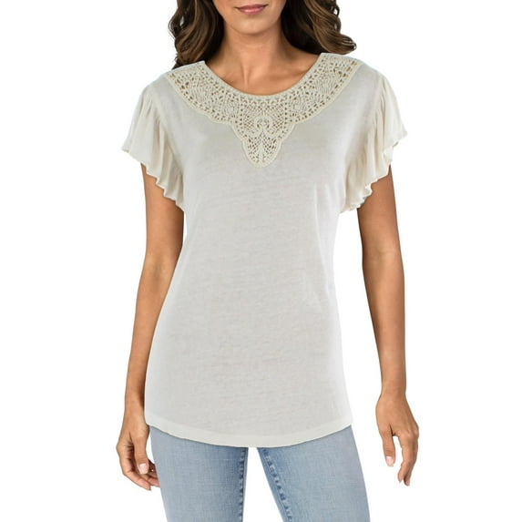 Lauren Ralph Lauren Womens Linen Crochet Trim Blouse