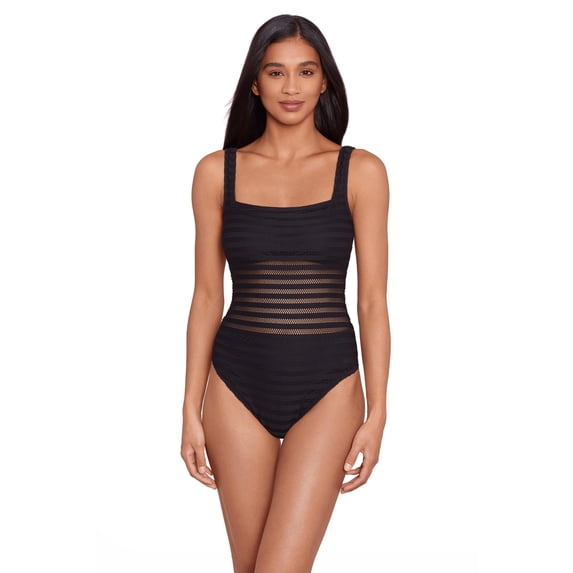 Lauren Ralph Lauren Womens Ottoman Mesh Square Neck Over-The-Shoulder One-Piece Black 6