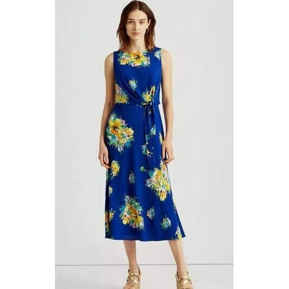 Lauren Ralph Lauren Womens Petite Floral Crepe MIDI Dress blue Size 10P