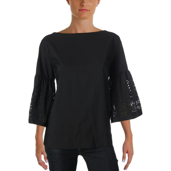 Lauren Ralph Lauren Womens Petites Bell-Sleeve Eyelet Dress Top