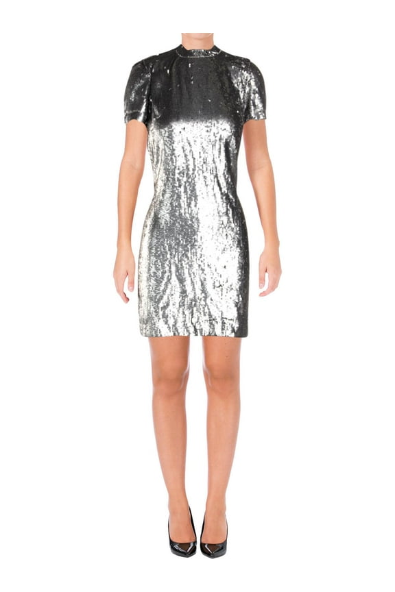 Womens Petites Georgette Sequined Party Dress Silver 6P