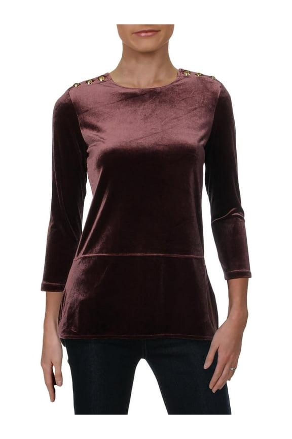 Womens Petites Velveteen Embellished Pullover Top
