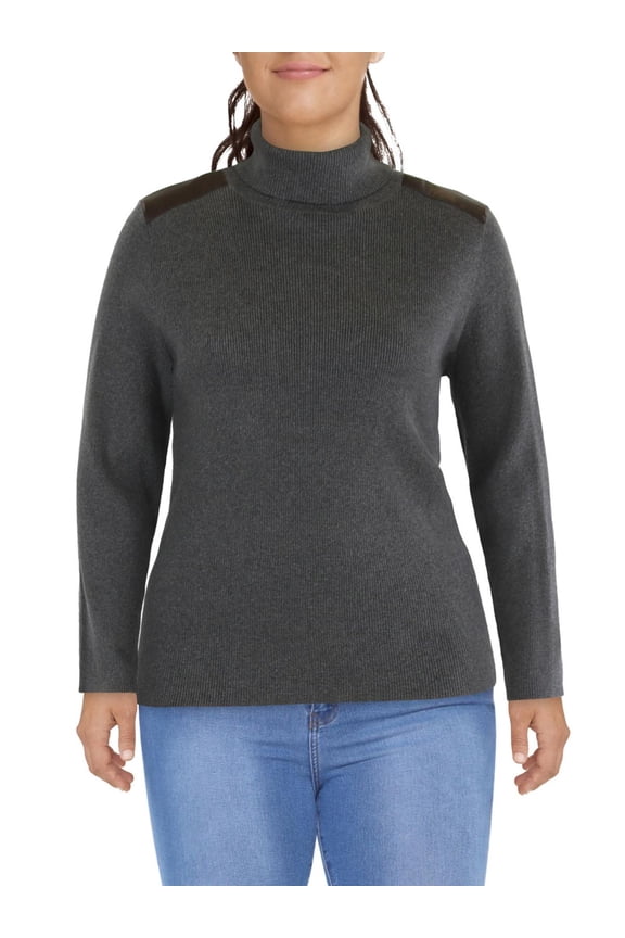 Womens Plus Faux Leather Trim Turtleneck Sweater