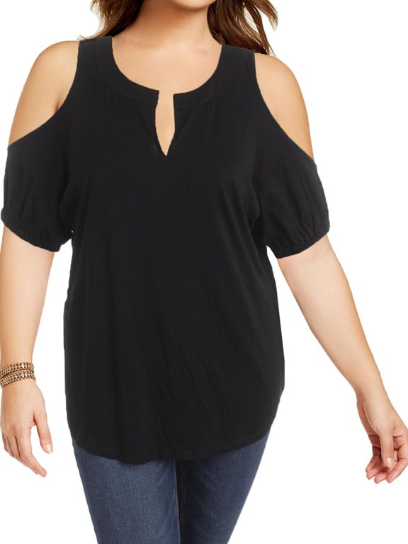 Womens Plus Keyhole Front Cold Shoulder Casual Top