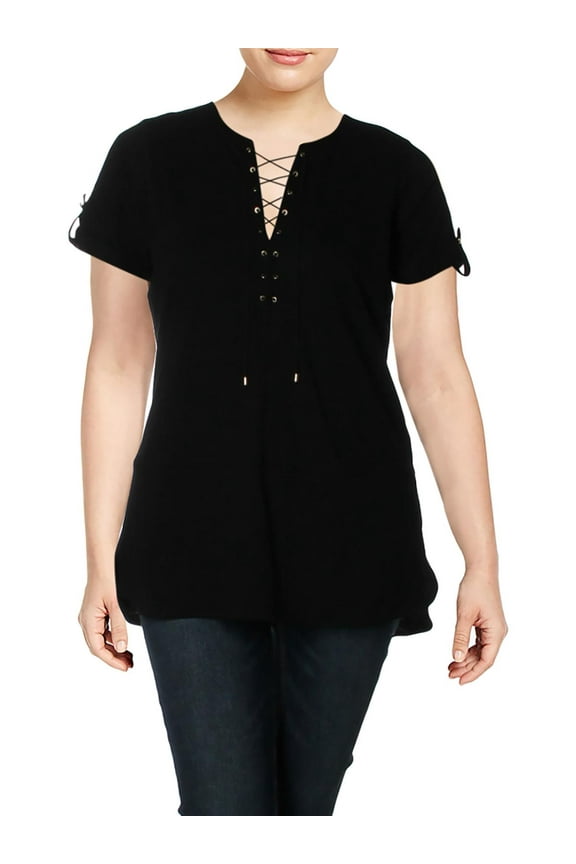 Womens Plus Lace-Up Embellished T-Shirt Black 1X