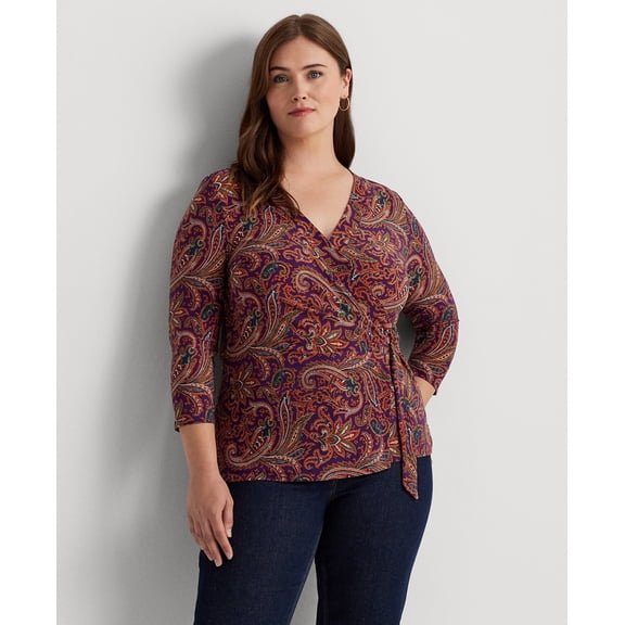 Lauren Ralph Lauren Womens Plus Size Paisley Faux-Wrap Top  Orange/Purple/Multi, 2X