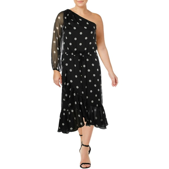 Ralph Lauren Womens Polka Dot One Shoulder Dress, Black, 12