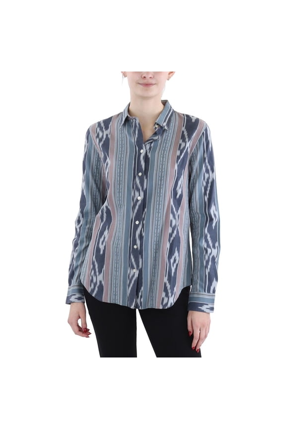Womens Striped Cotton Button-Down Top Blue S