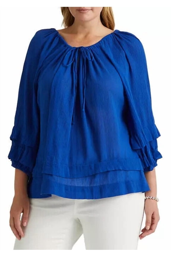 Lauren Ralph Petite Ruffle Trim Crinkle Cotton Top Sapphire LP Large Petite