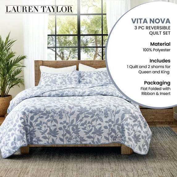 Lauren Taylor VITA 3 Pieces Matelasse Jacquard Reversible Queen Quilt Set- 100% Polyester Bedding Quilt, Lightweight and Breathable Quilt with Machine Washable, Soft & Durable (1 Quilt & 2 Shams)