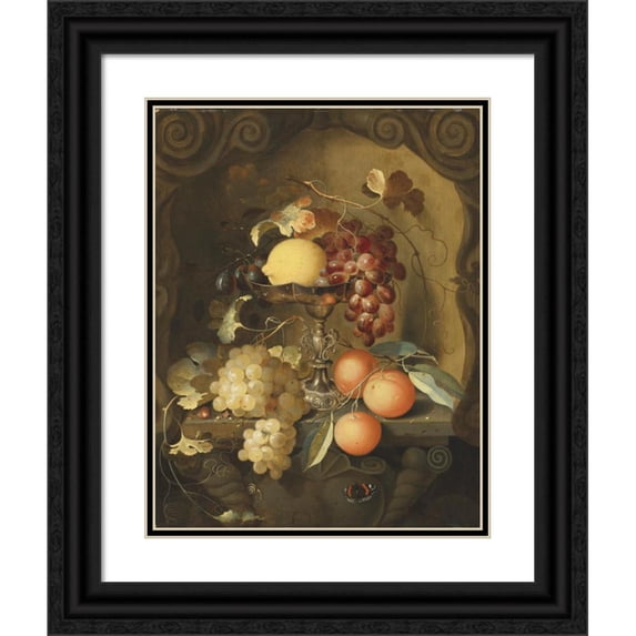 Laurens Craen 12x14 Black Ornate Wood Framed Double Matted Museum Art Print Titled: Grapes and a Lemon on a Tazza, with Oranges on a Ledge in a Sculpted Stone Niche