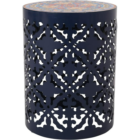 Laurent Outdoor Lace Cut Side Table with Tile Top, Dark Blue