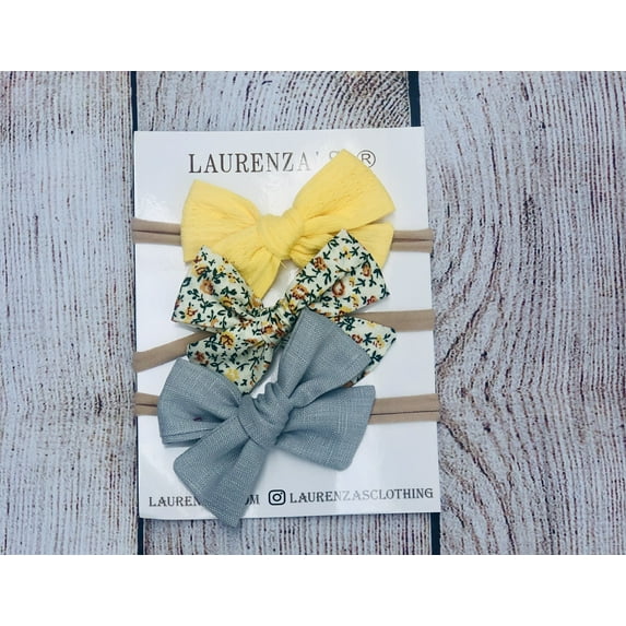 Laurenza's Baby Girl Nylon Headband Infant Toddler Newborn Child Hair Accessories, 3 Pack Bow Headbands Blue and Yellow Floral