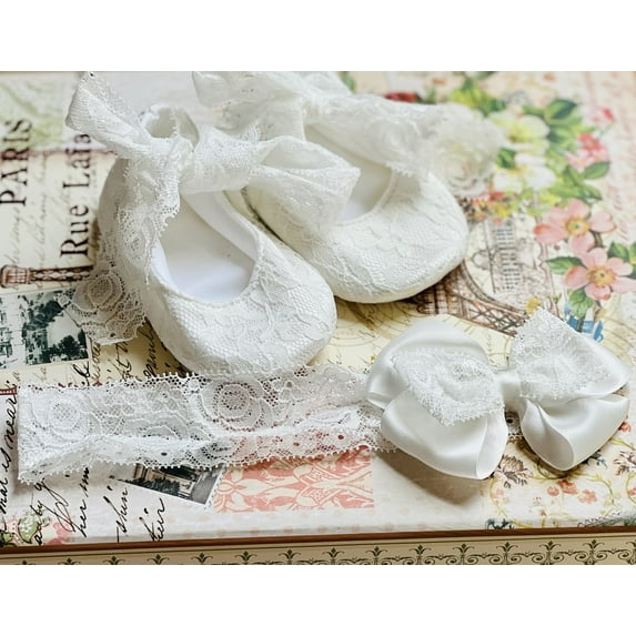 Laurenza's Baby Girls Lace Baptism Shoes with Bow Headband Christening Shoes Dedication Blessing Baptism Headband 12-18M