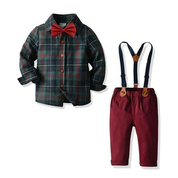 Laurenza's Toddler Boys Clothes Plaid Dress Shirt with Bowtie Suspenders Pants Outfits Set Flannel Christmas Photo Outfit 2T