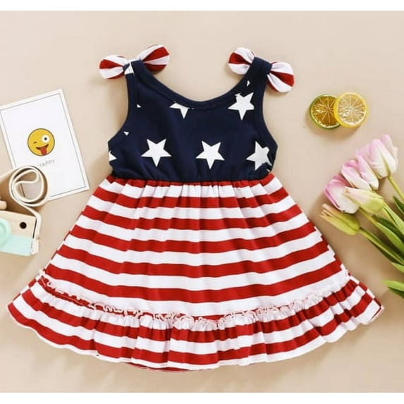 Laurenza's Toddler Girls Patriotic Fourth of July USA Dress with Bow Details 3T