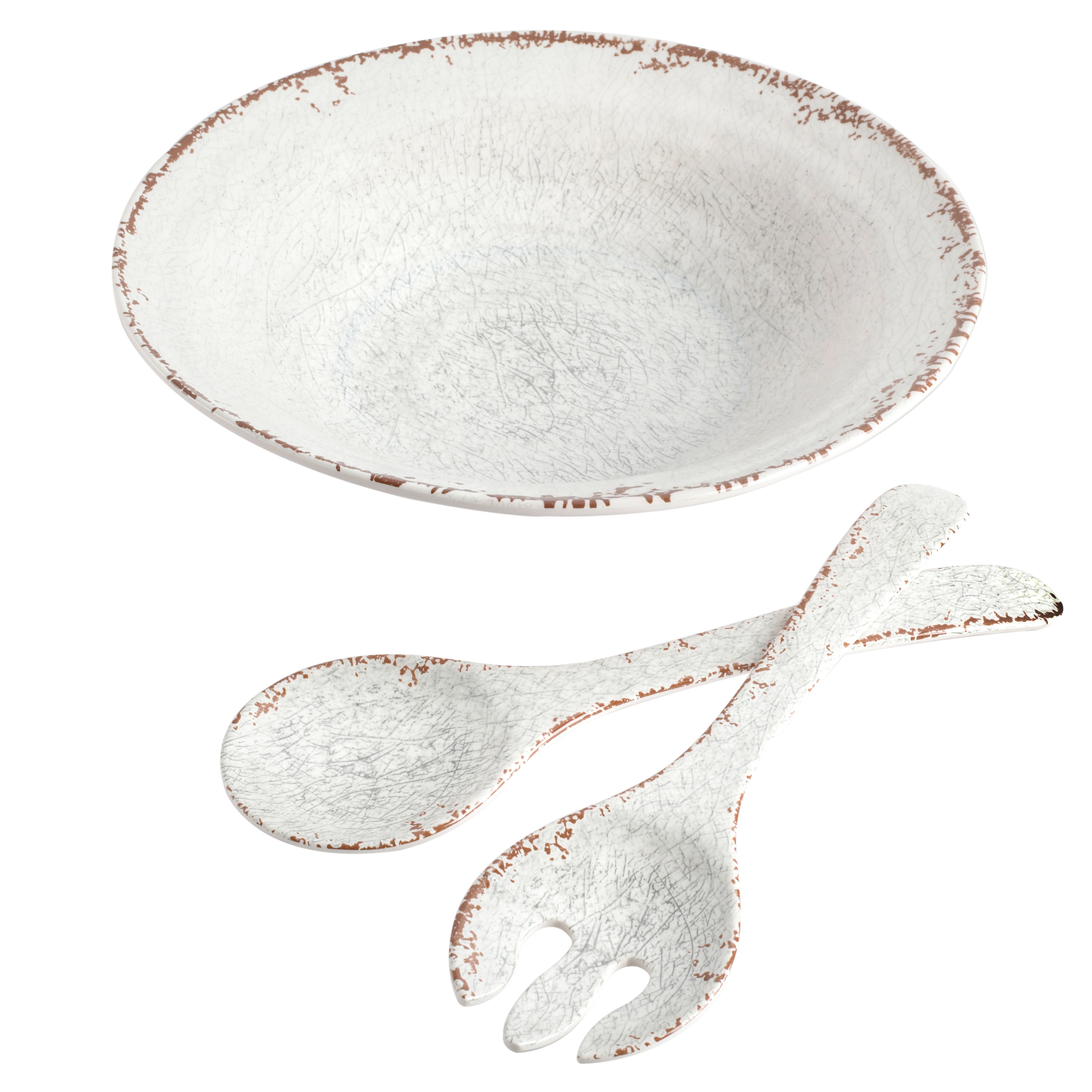 Ice White Melamine 3-Piece Salad Serving Set with Utensils