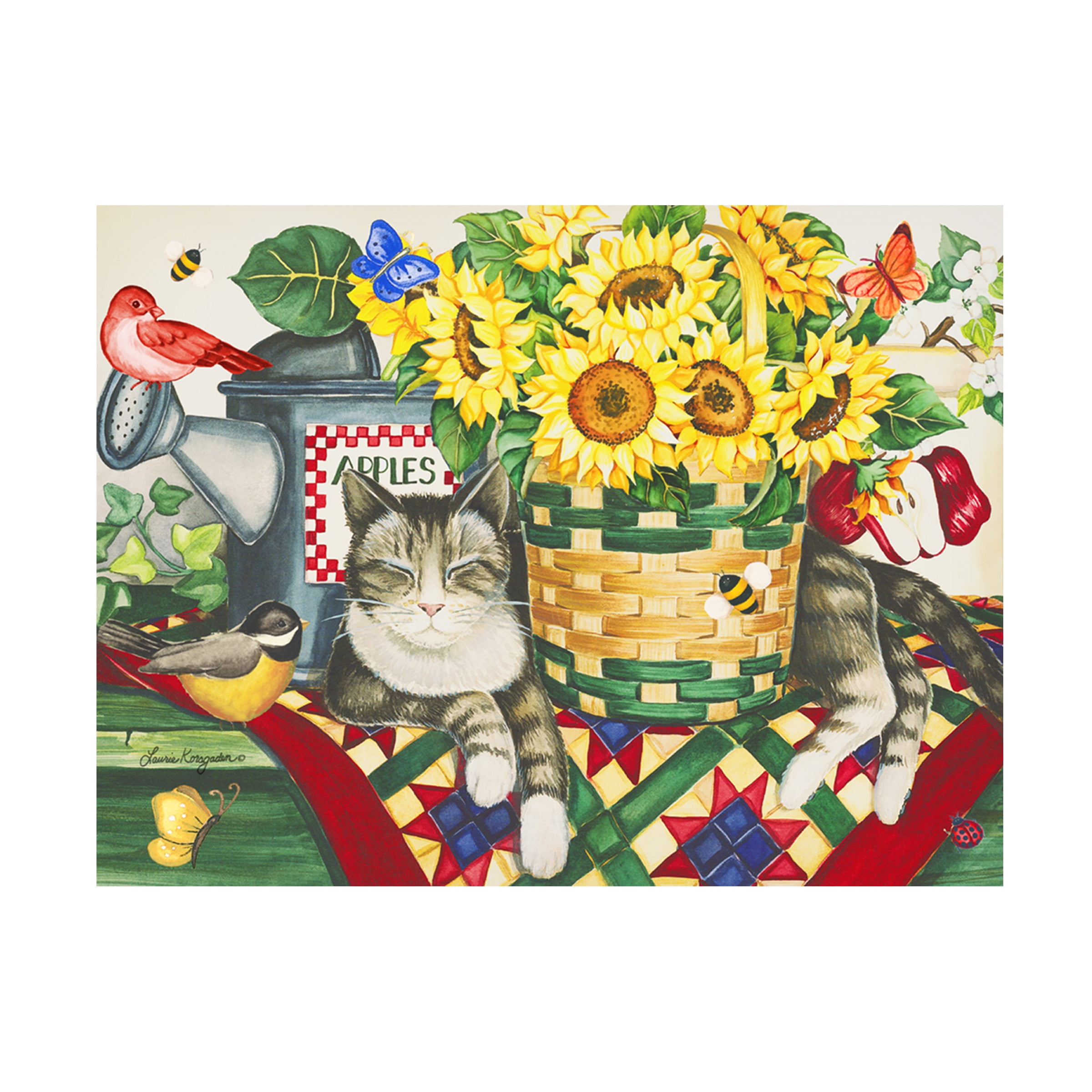Laurie Korsgaden Cat in Basket Canvas Art with Sunflowers