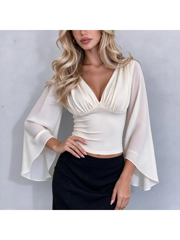 Women's V Neck Flared Bell Sleeve Solid Color Waist Cinched Cropped Top Fitted Ruffle Blouse for Party Dating Evening Summer