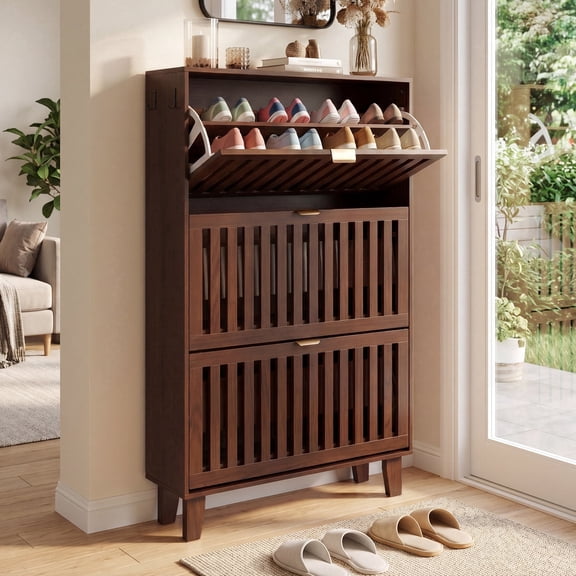 Lausaint Home Shoe Cabinet Storage,3 Flip Drawers & 3 Tier Adjustable Shelves,Freestanding Slim Shoe Storage Hidden Shoe Rack Organizer for Entryway,Hallway,Foyer,Walnut