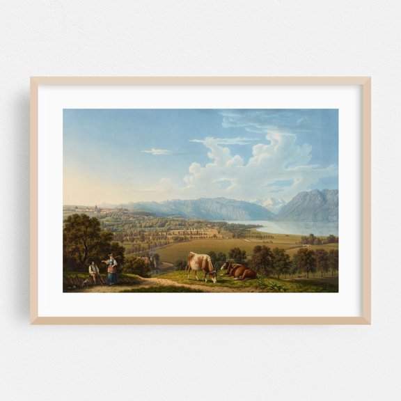 Lausanne, von Nordwesten - Illustration Landscape Pastoral Mountain Rural Scenic Farm Lake Oak Framed Wall Art Print 20 x 30 inches