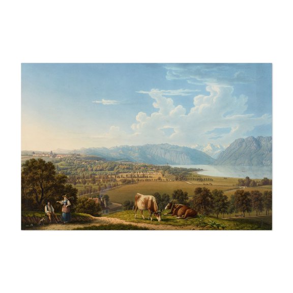 Lausanne, von Nordwesten - Illustration Landscape Pastoral Mountain Rural Scenic Farm Lake Unframed Wall Art Print 4 x 6 inches