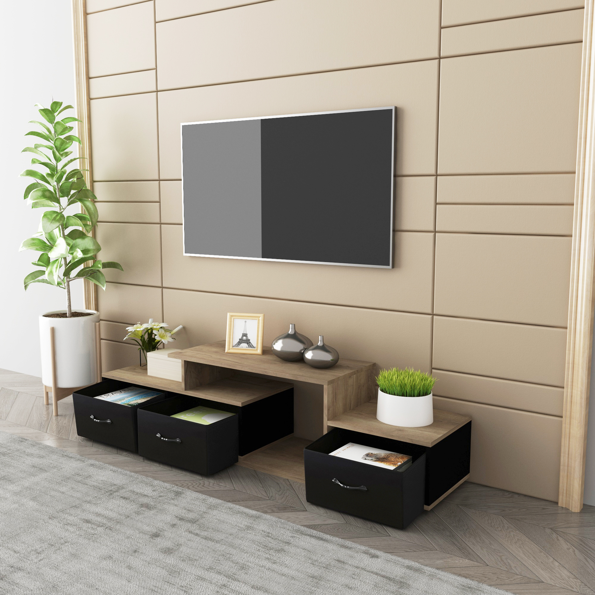 Lausatek Modern TV Stand Console Fit Up To 70 inch TV with Open Fabrics