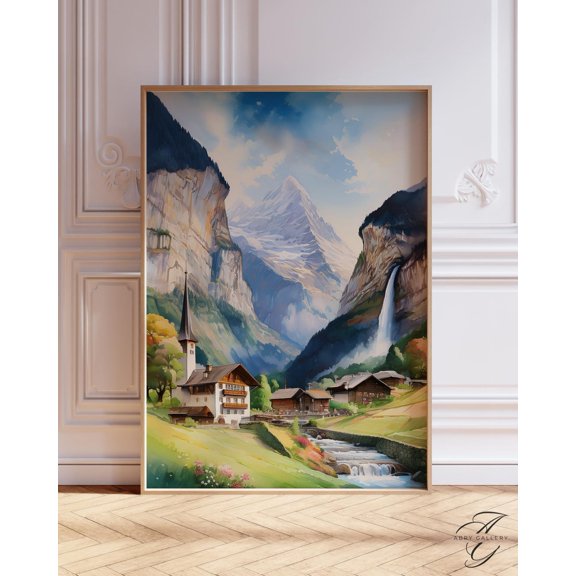 Lauterbrunnen Switzerland Poster: Swiss Alps, Staubbach Waterfall, Unframed Canvas Size 16x24