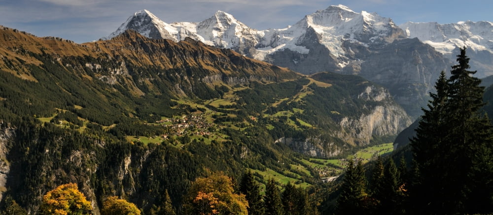 Lauterbrunnen Valley with Mt Eiger and Mt Monch in the background Sulwald Bernese Oberland Bern Switzerland Canvas Art - Panoramic Images (27 x 9)