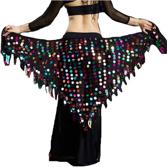 Belly Dance Hip Scarf Sequins Mesh Triangle Wrap Skirt Waist Chain,One Set,Black