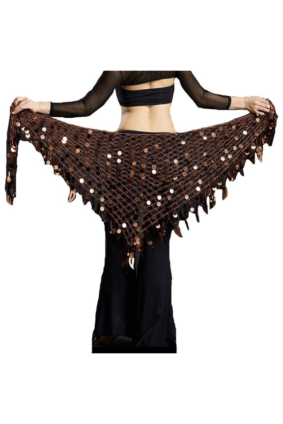 Women Belly Dance Hip Scarf Sequins Mesh Triangle Wrap Skirt Waist Chain,One Set,Coffee