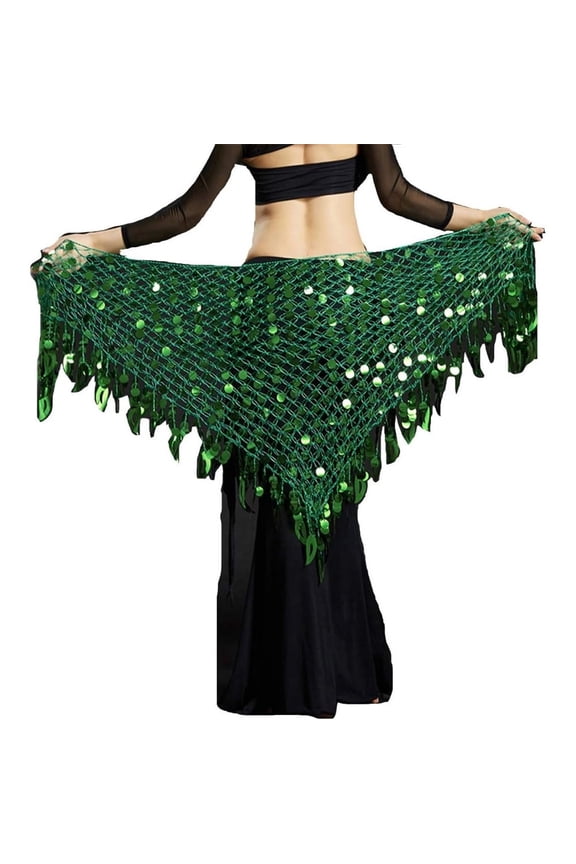 Women Belly Dance Hip Scarf Sequins Mesh Triangle Wrap Skirt Waist Chain,One Set,Dark Green