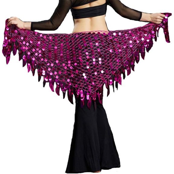 Women Belly Dance Hip Scarf Sequins Mesh Triangle Wrap Skirt Waist Chain,One Set,Fuschia