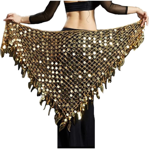Women Belly Dance Hip Scarf Sequins Mesh Triangle Wrap Skirt Waist Chain,One Set,Gold