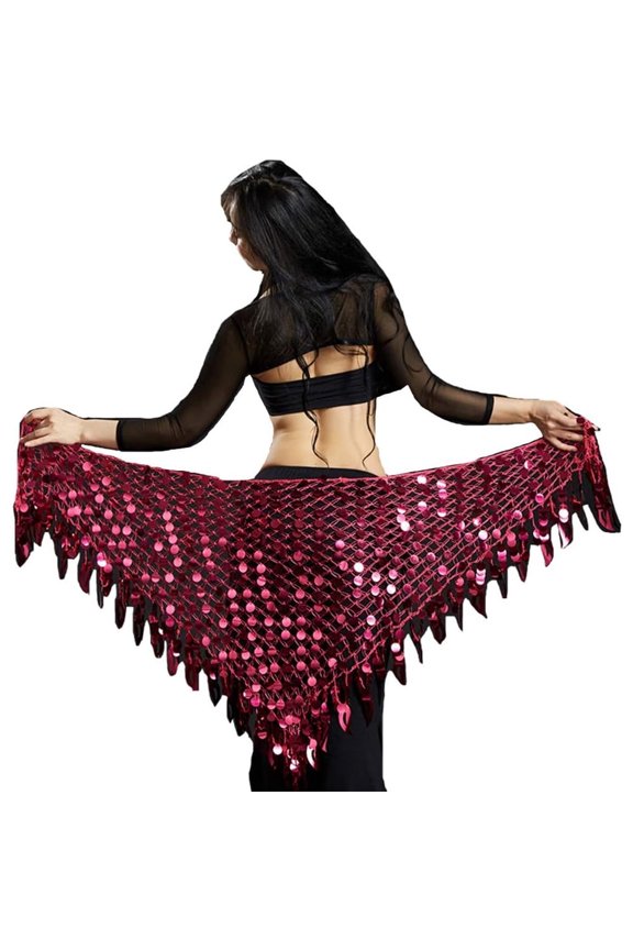 Women Belly Dance Hip Scarf Sequins Mesh Triangle Wrap Skirt Waist Chain,One Set,Hot Pink