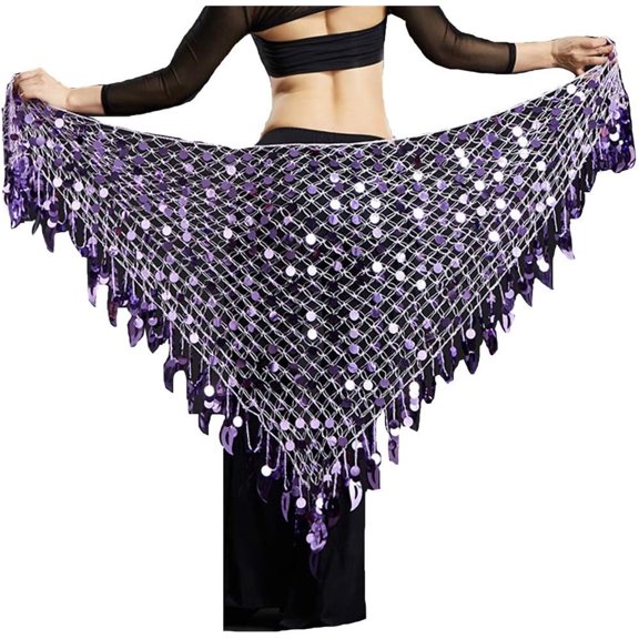 Women Belly Dance Hip Scarf Sequins Mesh Triangle Wrap Skirt Waist Chain,One Set,Lavender