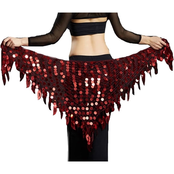 Women Belly Dance Hip Scarf Sequins Mesh Triangle Wrap Skirt Waist Chain,One Set,Wine