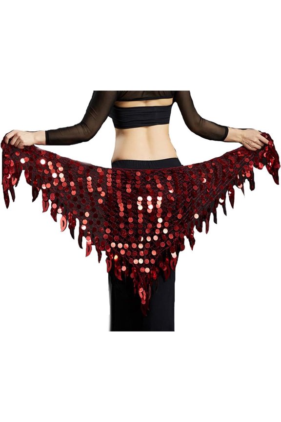 Women Belly Dance Hip Scarf Sequins Mesh Triangle Wrap Skirt Waist Chain,One Set,Wine