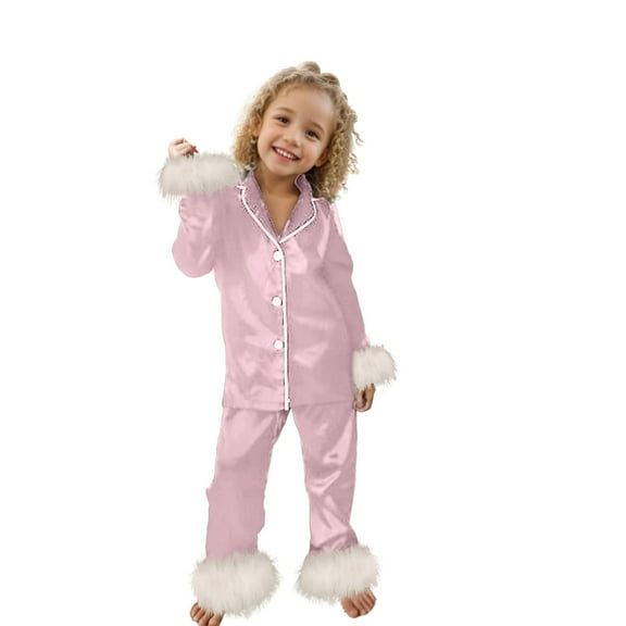 Lauty Tween Christmas Pajamas Girls Pajamas Size 12 Satin Pajamas for Girls Toddler Long Sleeve Silky Button Down PJ Set Kids Christmas Sleepwear Pink 5-6 Years