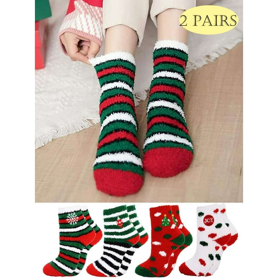 Lava 2 Pairs Christmas Fuzzy Socks for Women Winter Warm Dot Fluffy Cozy Sock Super Soft Slipper Sock Holiday Socks for Adult
