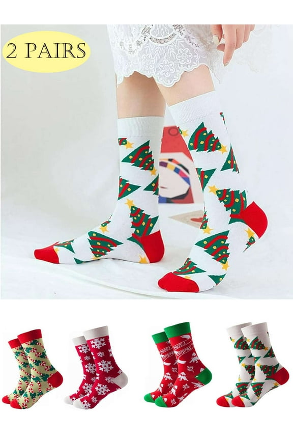 2 Pairs Women Christmas Socks Novelty Funny Casual Cotton Crew Socks Size 9-11 Christmas Tree