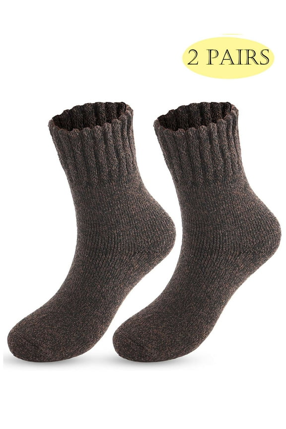 2 Pairs Wool Socks for Women Men Thick Thermal Hiking Winter Warm Crew Socks Heavy Soft Cozy Socks for Hiking Size 7-13 Brown