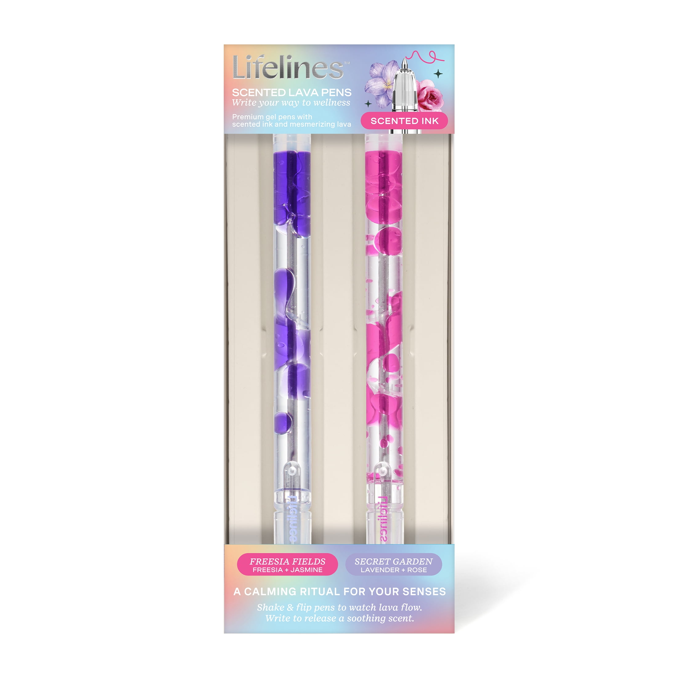 Lifelines Scented Lava Gel Pen Set, 2-Pack (Pink & Purple), 0.5mm Colored Gel Pens Infused with Scented Essential Oil Blends & Mesmerizing Lava
