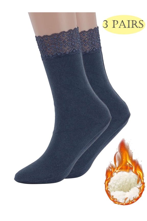 3 Pairs Womens Crew Socks with Lace Trim Winter Warm Thermal Dress Socks Thick Heated Boot Socks Size 9-11 Blue
